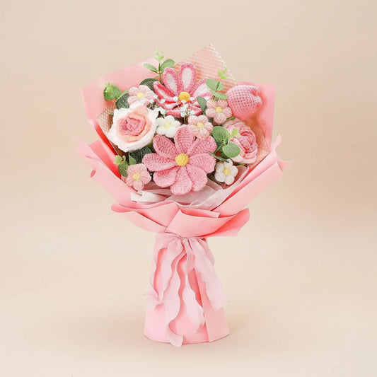 Handmade Crochet Pink Flowers Bouquet, Crochet Tulip Galsang Flower Bouquet for Woman, Mother, Valentines, Birthday, Graduation
