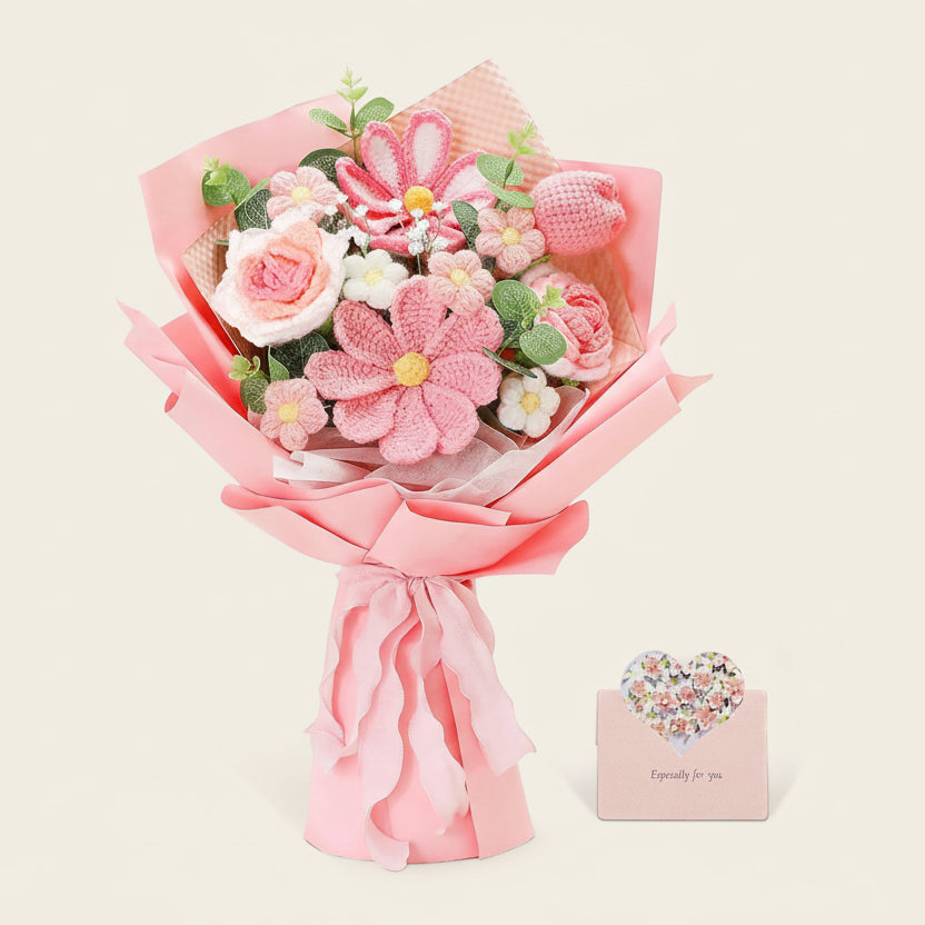 Handmade Crochet Pink Flowers Bouquet, Crochet Tulip Galsang Flower Bouquet for Woman, Mother, Valentines, Birthday, Graduation